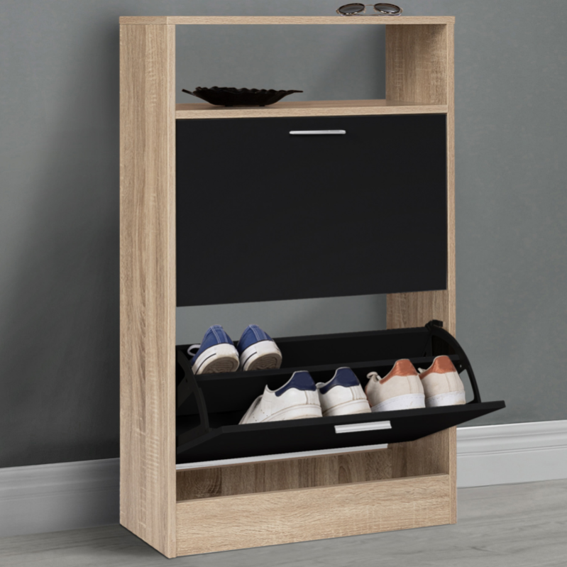 Meuble à Chaussures 12 Paires KLARK - 2 Portes Noires Avec étagère, Imitation Hêtre