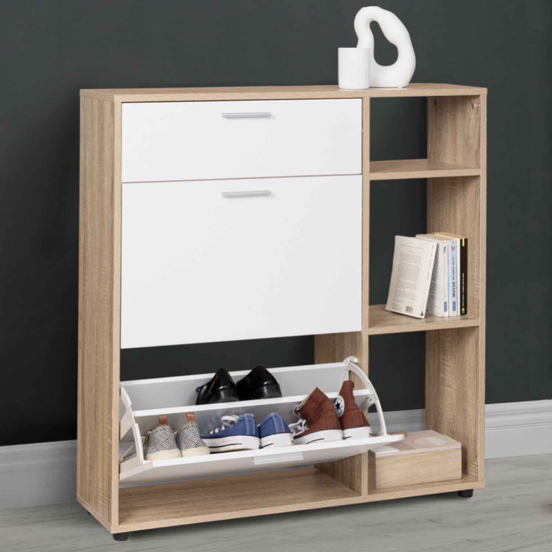 Meuble à chaussures KLARK imitation hêtre 2 portes et 1 tiroir blancs