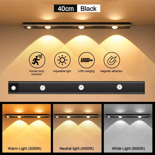 Luces para debajo del gabinete, 40 luces LED recargables con sensor de  movimiento para interiores, paquete de 2 luces magnéticas regulables para