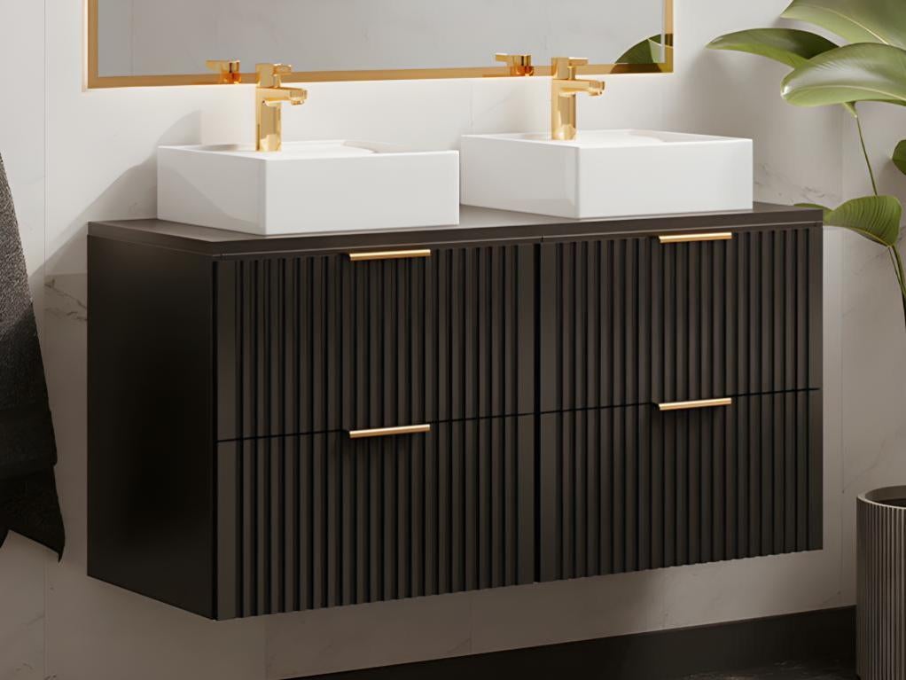 Meuble de salle de bain suspendu strié avec vasque à poser - Noir