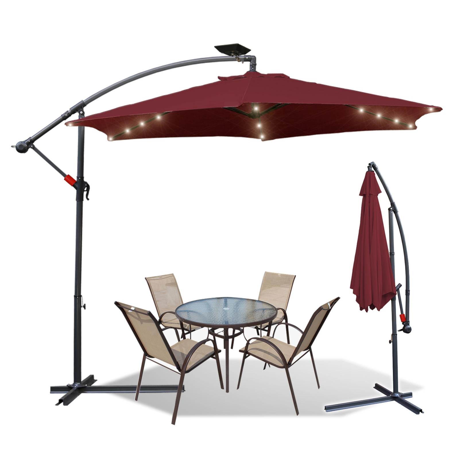 Kingsleeve Ombrellone Da Giardino Decentrato Con LED 300 Cm – Rosso, Con Manovella, Inclinabile, Copertura Idrorepellente, 24 Luci Solari
