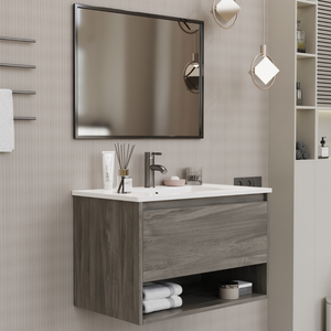 Composizione Mobile da bagno sospeso con lavabo integrato, specchio, Led,  cassetti, pensili a giorno. Bianco, grigio fumo.