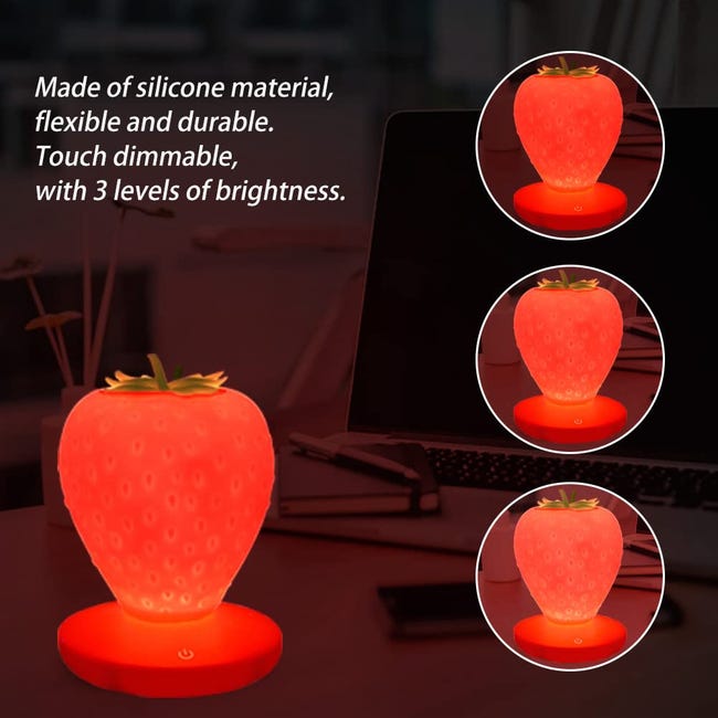 Luz nocturna de fresa,linda lámpara de fresa de silicona,linda luz nocturna  LED, lámpara que cambia de color junto a la cama, 3 modos táctiles (rojo)