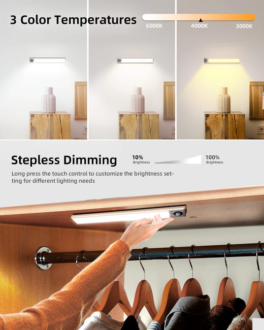 Luz LED Armario Luces con Sensor de Movimiento Luz Calida 4 Modos