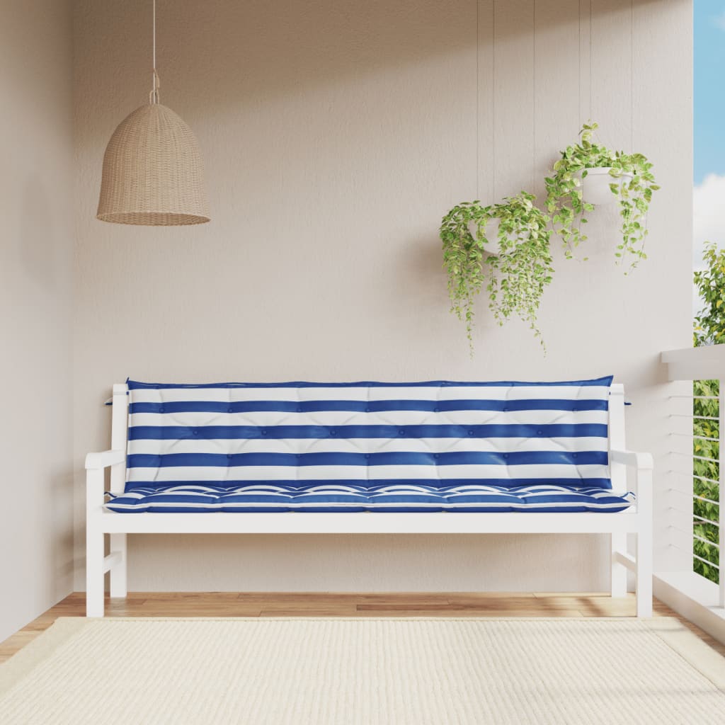 Juego de 2 cojines para banco de jardín a rayas azules y blancas.