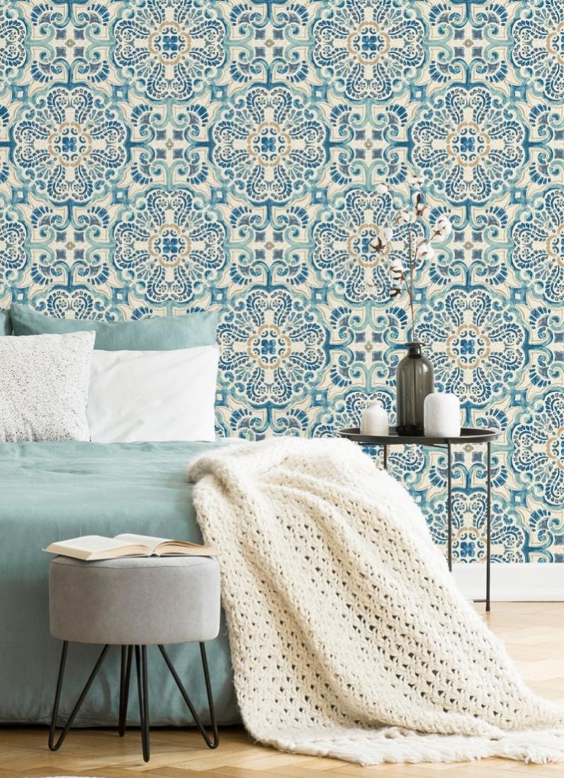 Muestra din a4 de papel pintado vinílico ecológico con diseño de rosetones efecto azulejo tonos azules estil - nazar 679626 de gaulan