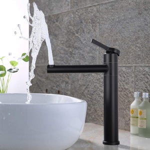 Noir Mitigeur Lavabo Haut Bec Robinet Salle de Bain Pivotant 360° Robinetterie Lavabo pour Vasque en Acier Inox