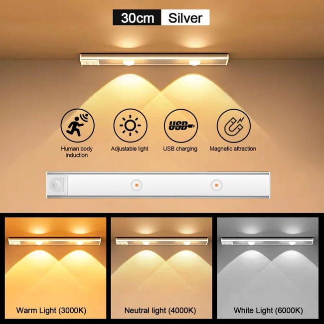 Luz de gabinete con sensor de movimiento de 30 LED, luz magnética