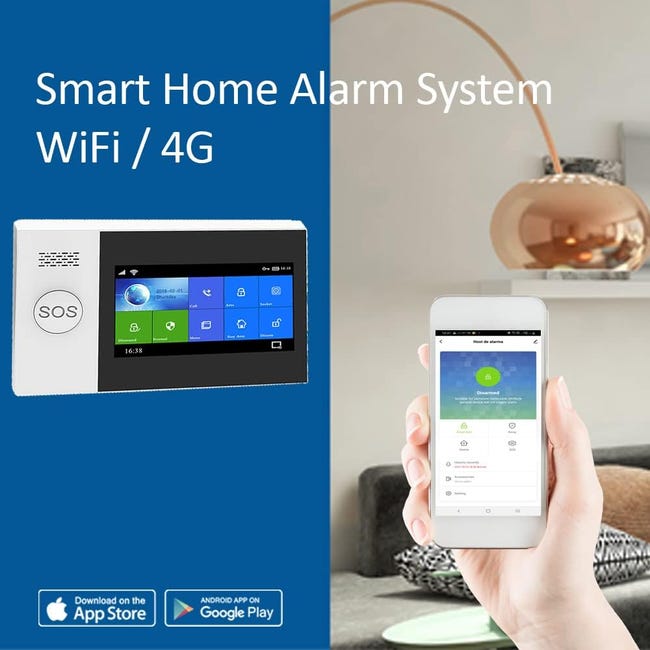 KIT de alarma WIFI+4G con pantalla tactil compatible con App TUYA y SMART  LIFE. Compatible con ALEXA.