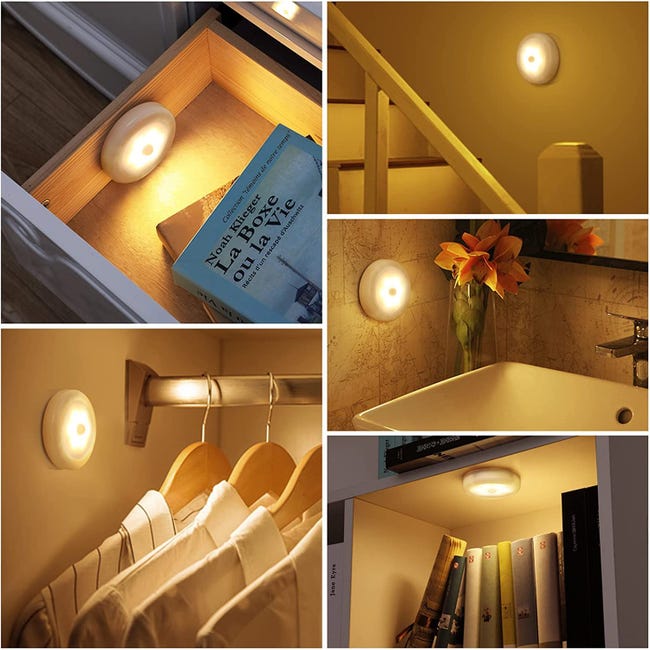 Luz con sensor de movimiento, luz nocturna LED con batería, luz para pegar  en cualquier lugar debajo del gabinete, luz de pared, 6 piezas