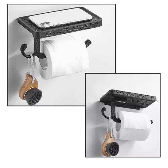 Porte-papier noir avec étagère de rangement pour téléphone Porte-papier  hygiénique vintage en aluminium pour la salle de bain Noir