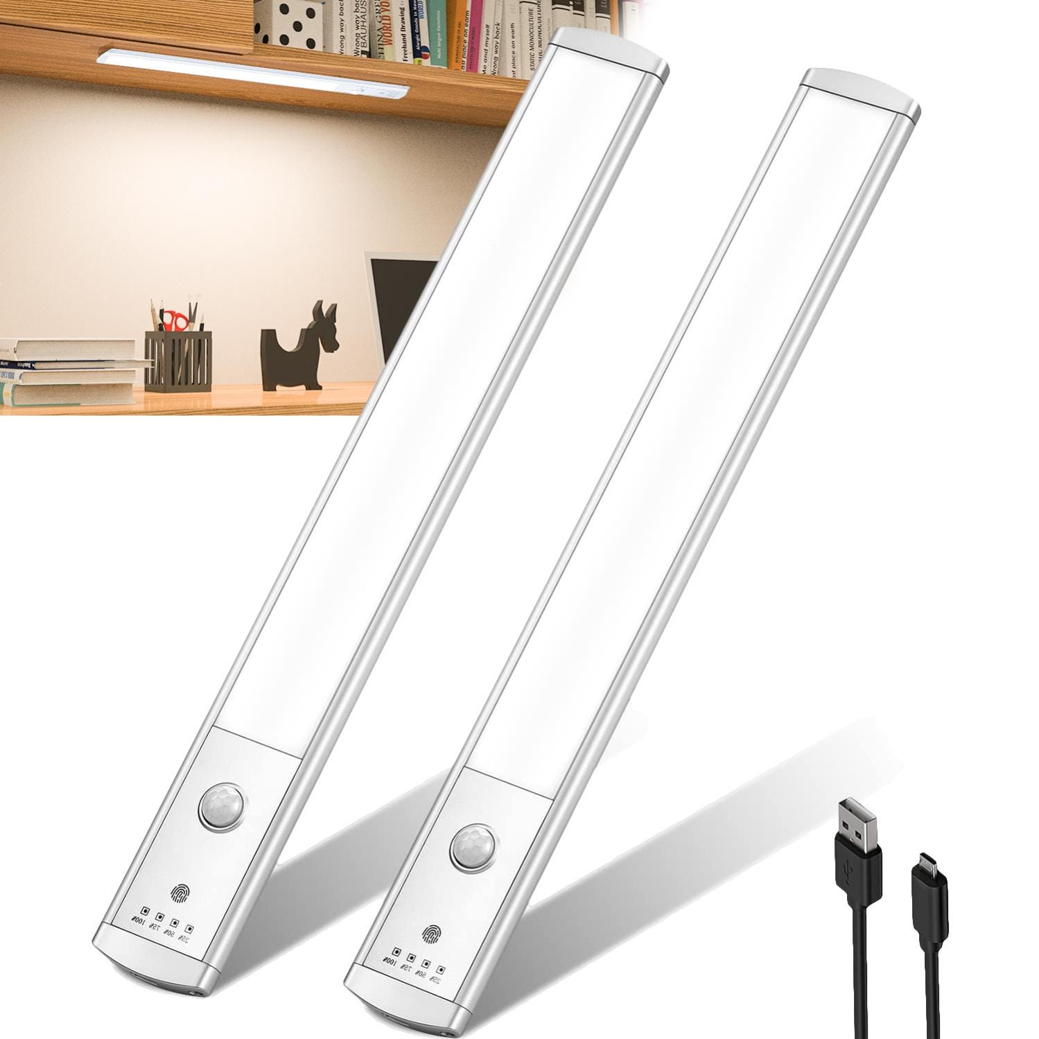 Luz con sensor de movimiento, paquete de 3 luces para debajo del gabinete,  2 colores para iluminación de armario, recargable por USB, 18 luces LED