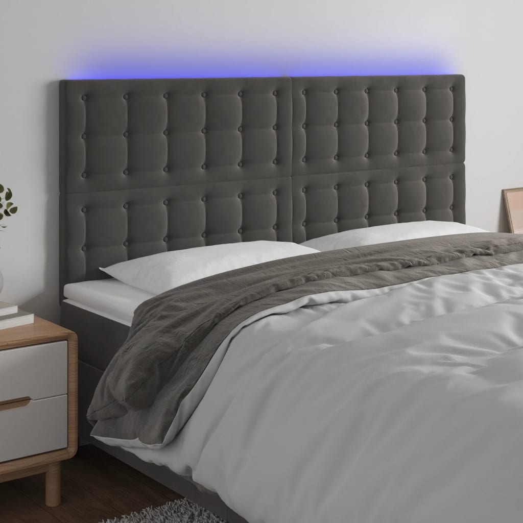 Cabecero con luces led，cabecero de cama，panel de cabecera terciopelo gris oscuro 200x5x118/128 cm cfw80826