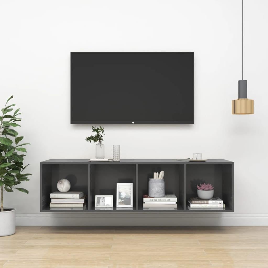 Meuble TV 150cm En.casa - 4 Compartiments Rangement - Passe-câbles Intégrés - Pin Et Particules Gris