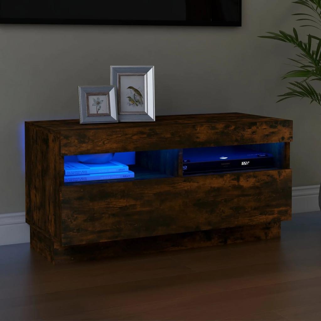Meuble TV Moderne Chêne Noir Avec LEDs - 200x35x40 Cm, 2 Portes Coulissantes, Port USB - Pour Salon