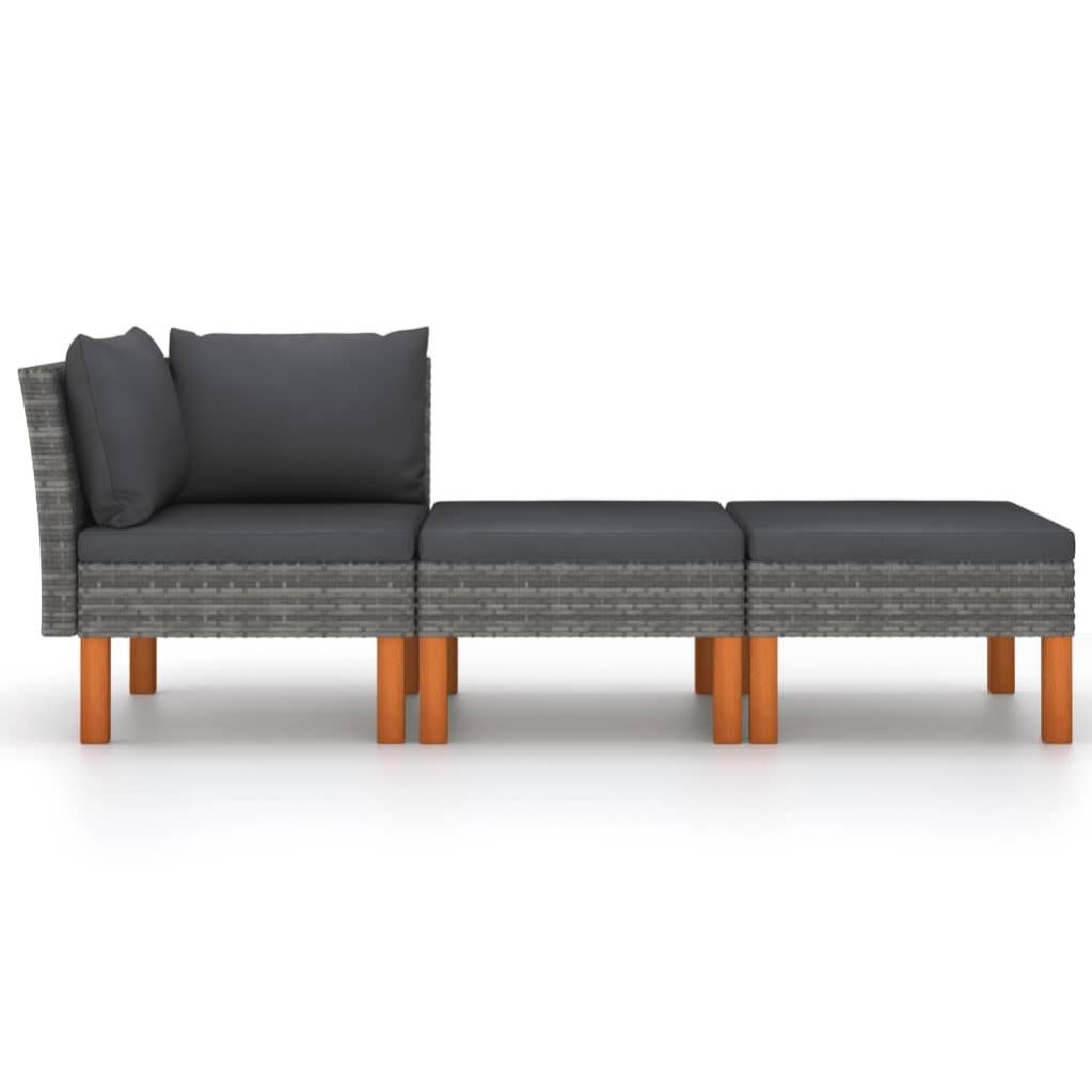 VidaXL Set Divani Da Giardino 3 Pezzi – Polyrattan Grigio, Gambe In Eucalipto, Cuscini Sfoderabili Antracite – Angolare + Centrale + Poggiapiedi - 6
