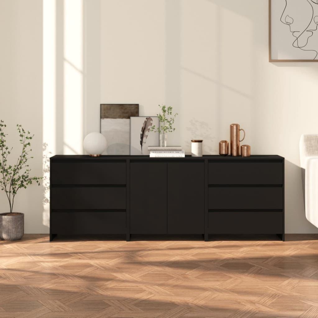 Buffets - Meuble De Salon Avec 3 Portes, 8 Compartiments Et Grande Surface De Rangement   Panneau De Particules   120x32x92 Cm   Bois Naturel Et Pieds Noirs