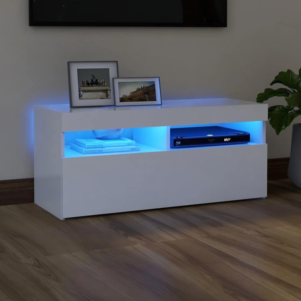 Mobile TV Moderno IKAYAA Con LED RGB E Ampio Spazio – Lungo 270 Cm In Legno Multistrato Nero, Armadio Per Soggiorno Con Ripiani