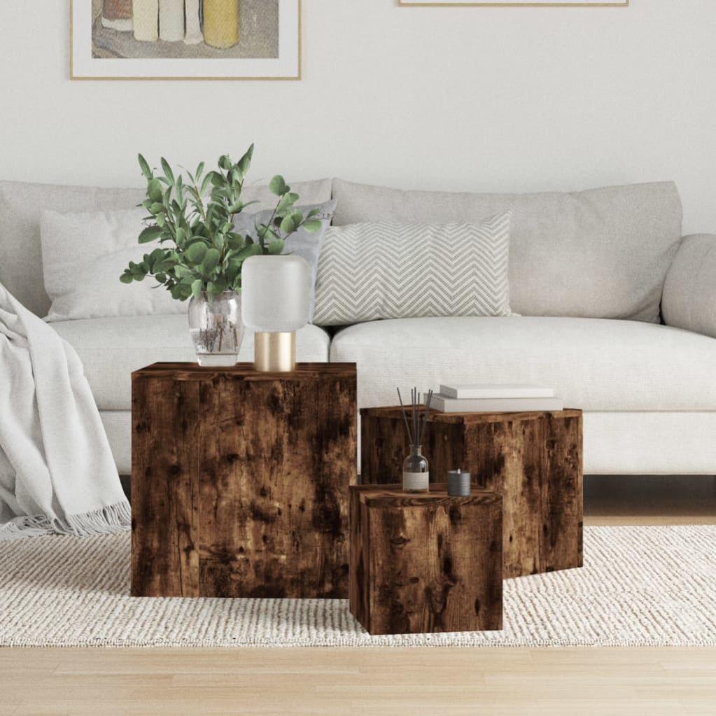 Set Di 3 Tavolini Da Salotto In Legno Di Rovere Naturale - Design Impilabile, Per Soggiorno E Camera