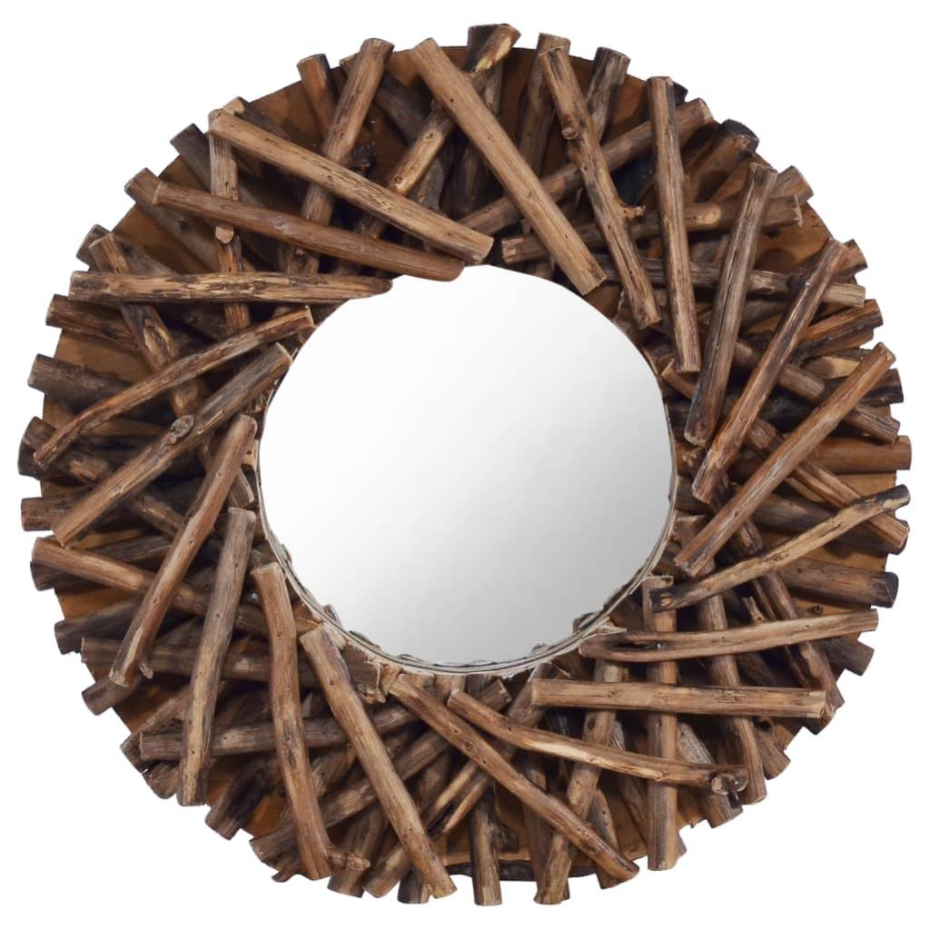 Cadre Miroir Rond En Bois Avec Incrustations D'os - Déco Bohème Ethnique, Diamètre 91.5 Cm, Neuf