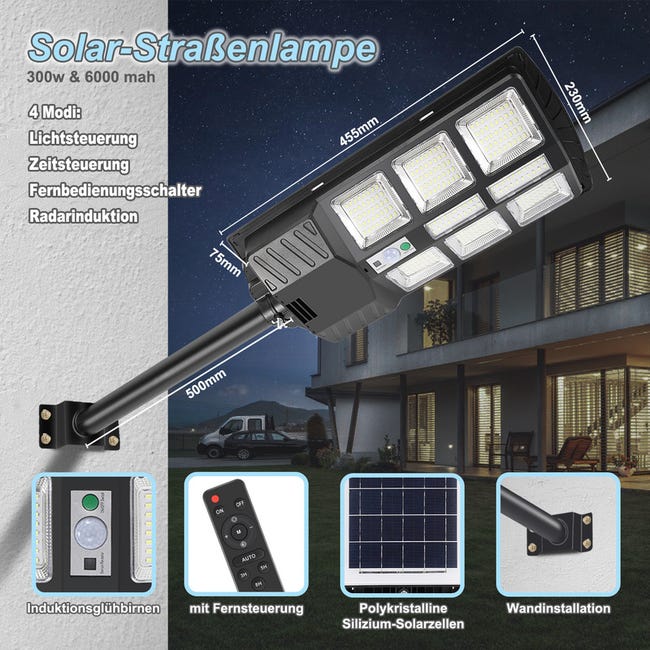 Lampadaire solaire 280LED réverbère solaire 300W Détecteur de mouvement  lampe de jardin étanche pour extérieur