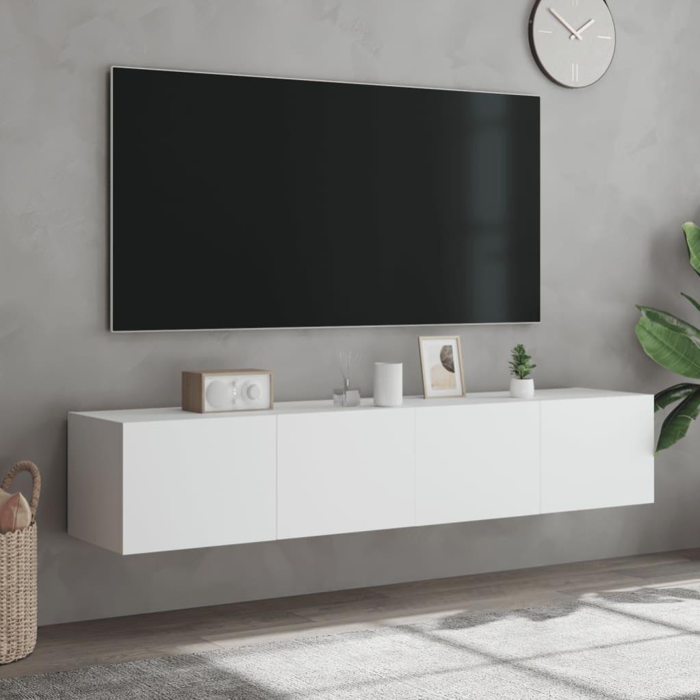 Meuble TV Blanc 200 Cm Avec étagères En Verre Et Lumières LED - Pour Téléviseurs Jusqu'à 90 Pouces