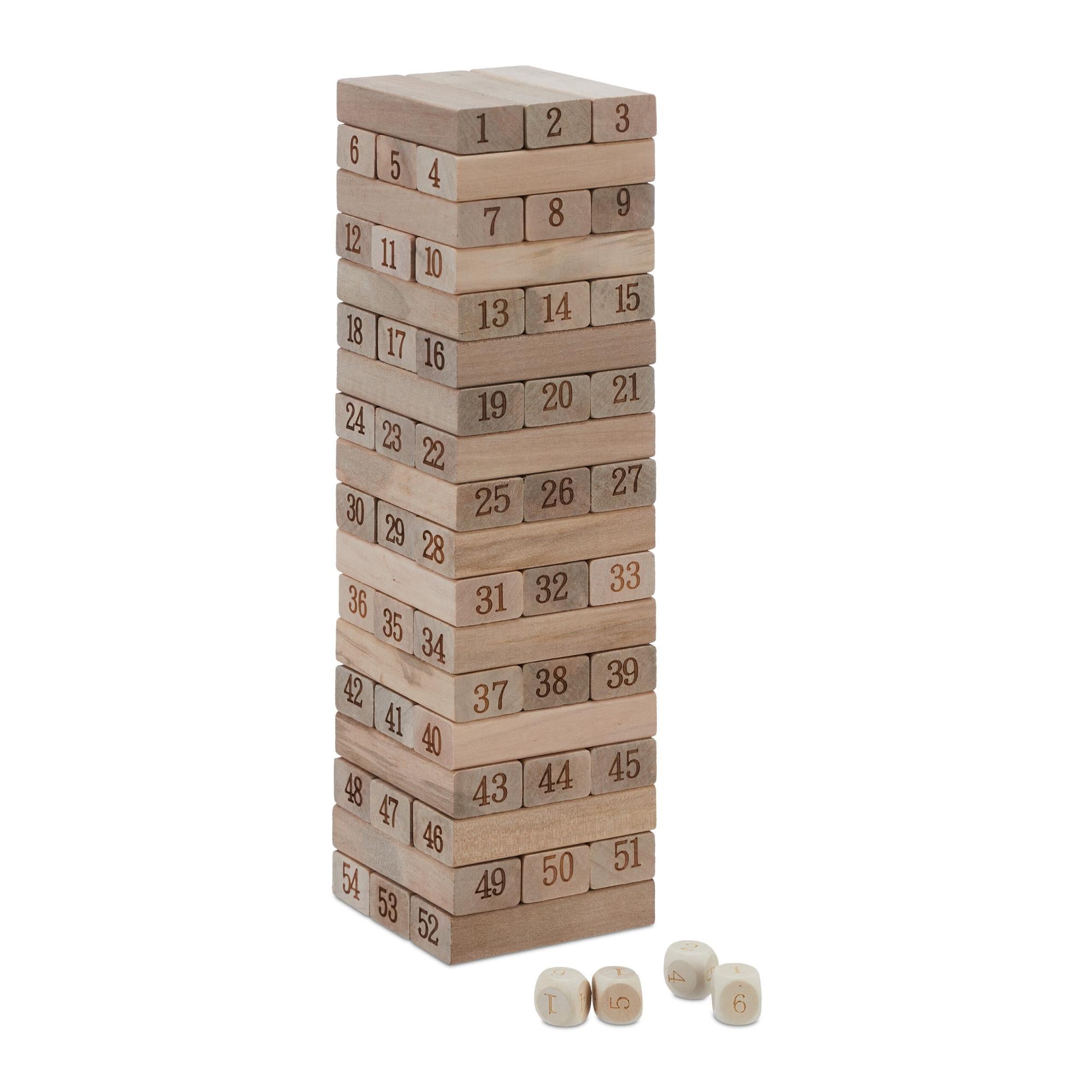 Idena 40087 - Gioco della torre Wobble in legno, gioco di abilità con 54 blocchi da costruzione e borsa per riporli, circa 8 x 8 x 26 cm torre impilabile grande