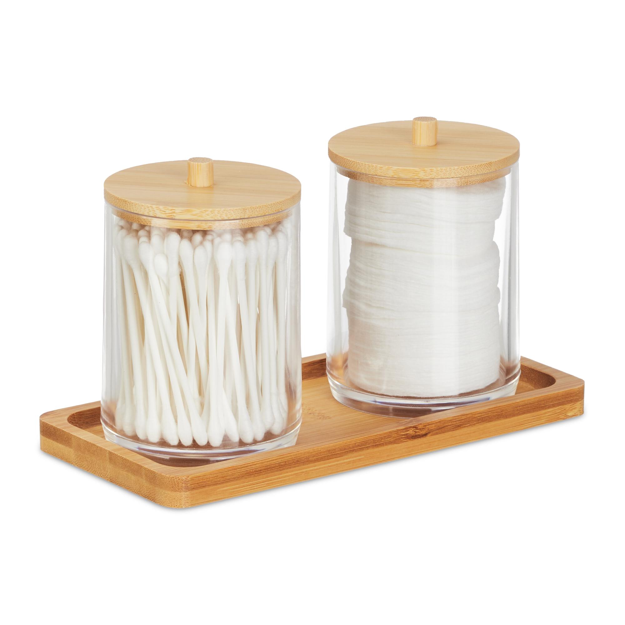 Relaxdays Pots à cotonstiges avec tablette, 2 récipients avec