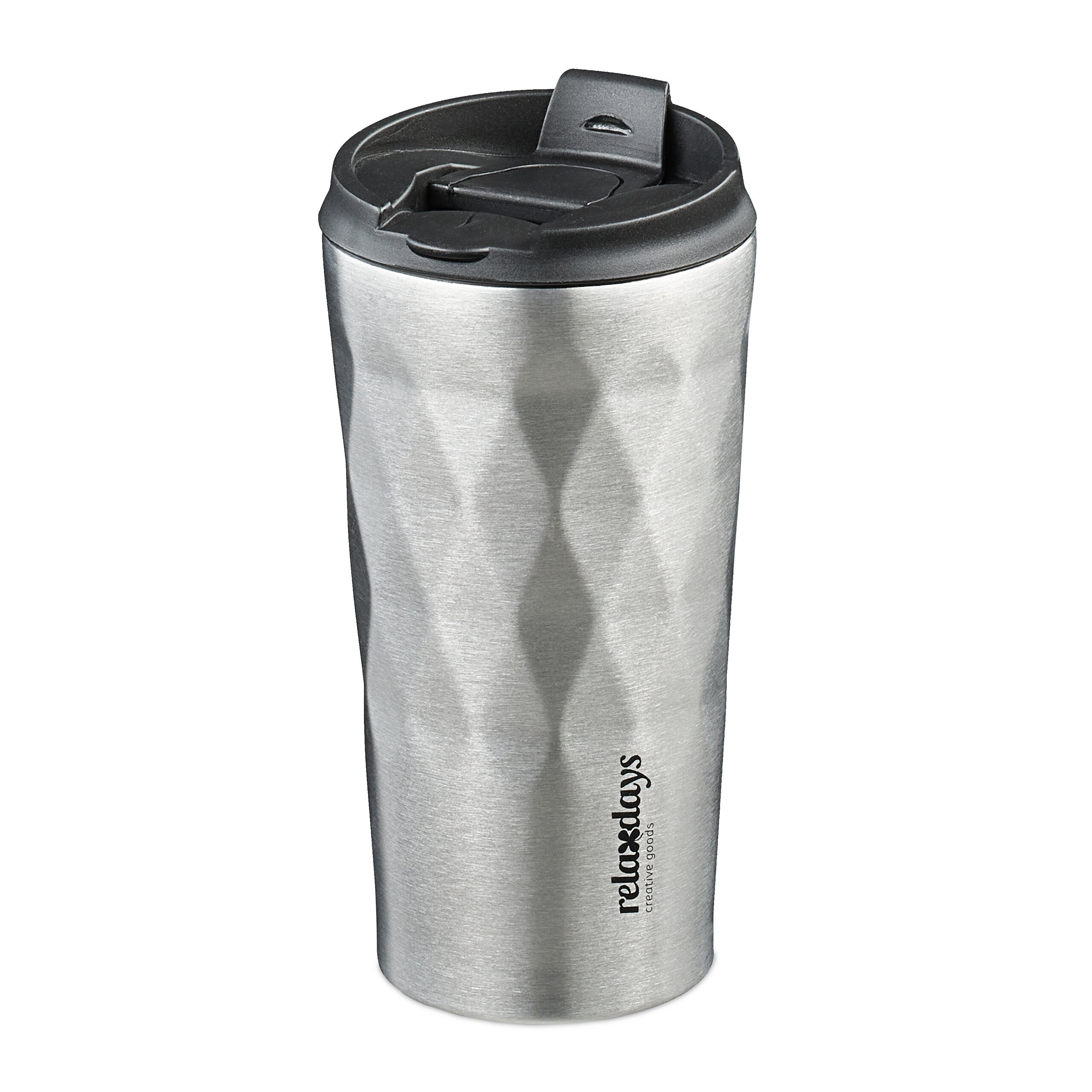 Relaxdays Tazza Termica da Caffè, 350 ml, Mug Bevande Calde e Fredde,  Borraccia da Viaggio, Acciaio Inox, Argentato Nero