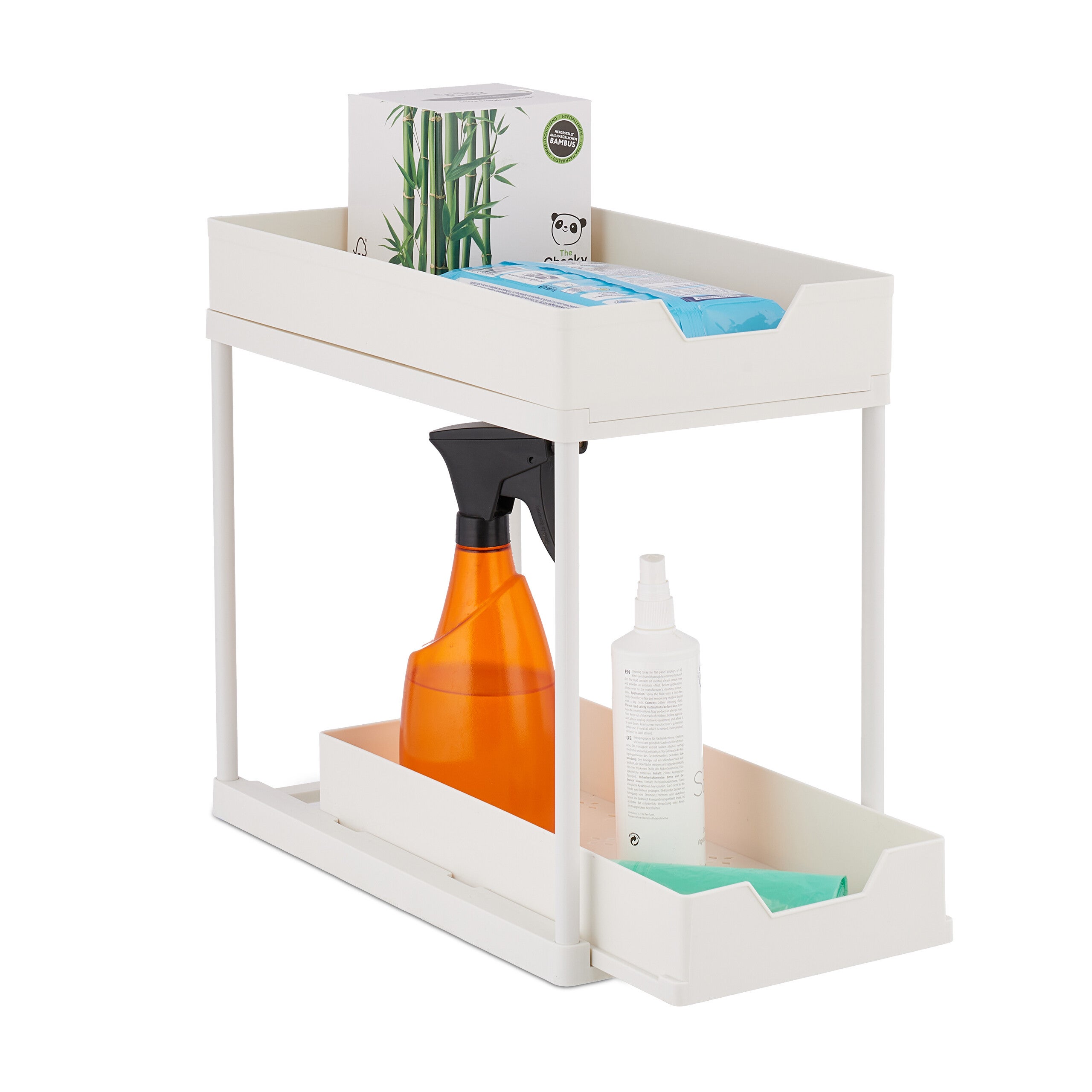 Relaxdays Organizer Mobile Sottolavello, Set da 2, Scaffale Estraibile, 4  Ganci e Portatazze, Mensola Pulizia, Bianco