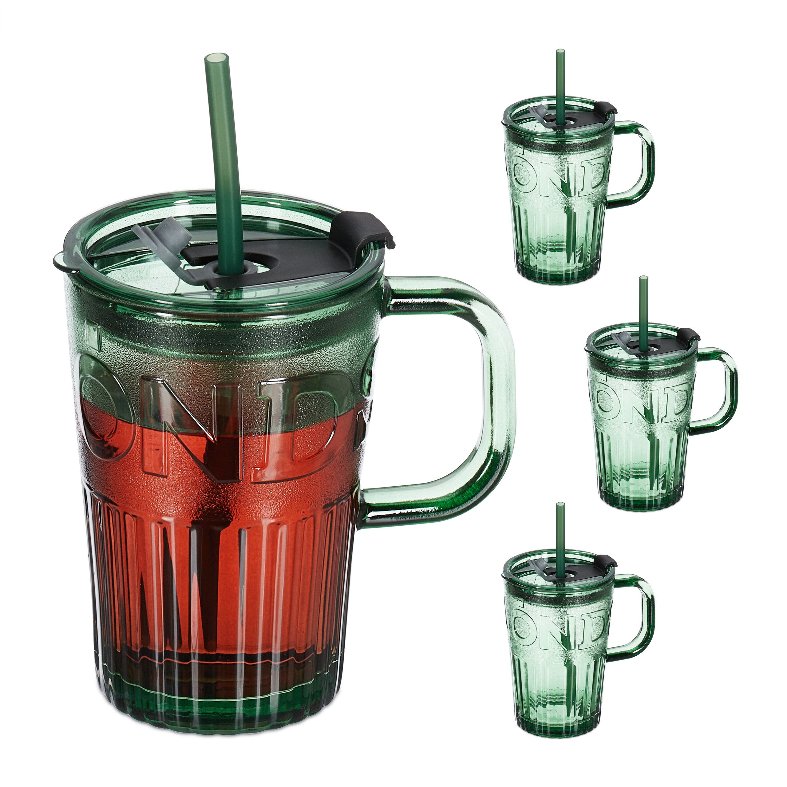 Relaxdays Bicchiere con Cannuccia e Coperchio, Set da 4 Tazze per Smoothie  da 450 ml, in Vetro, Mug con Manico, Verde