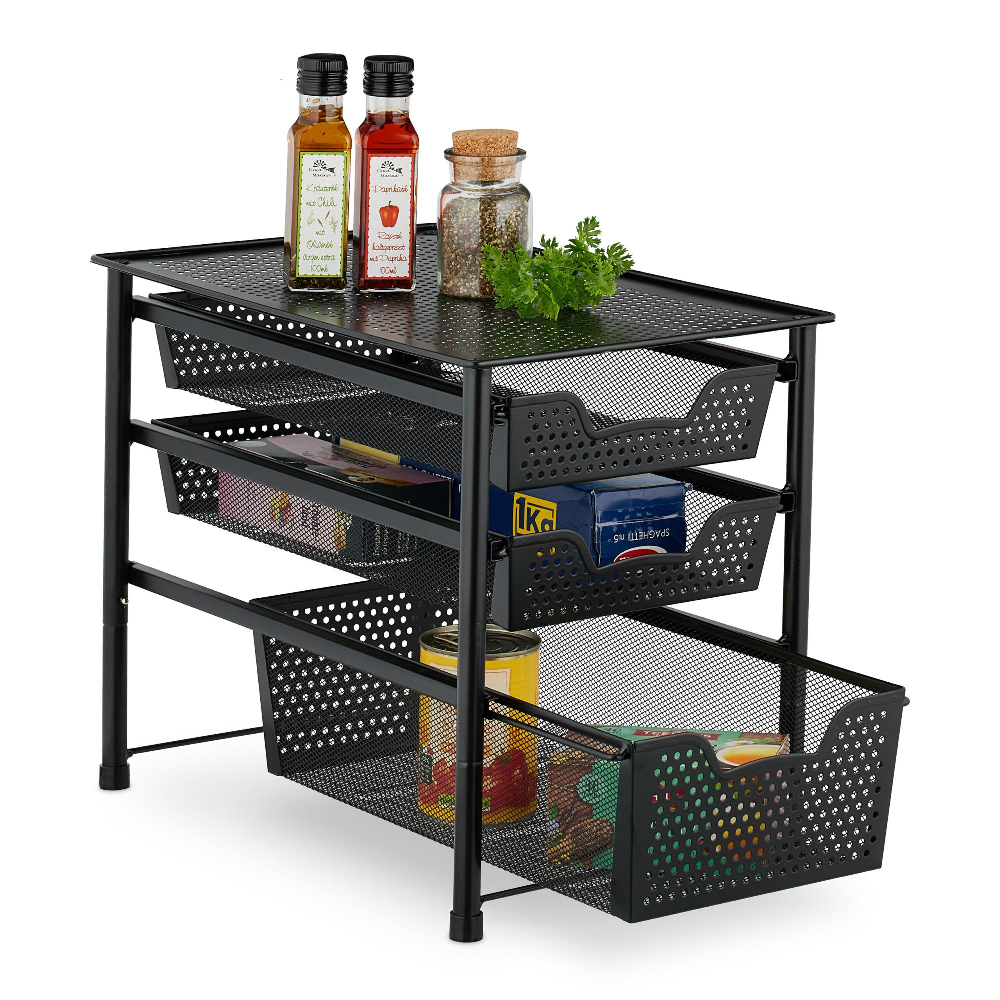 Scaffale Portaspezie Relaxdays Con 3 Cassetti Estraibili: Organizer Da Tavolo In Acciaio Nero 35x28x42,5 Cm – Per Cucina E Ufficio
