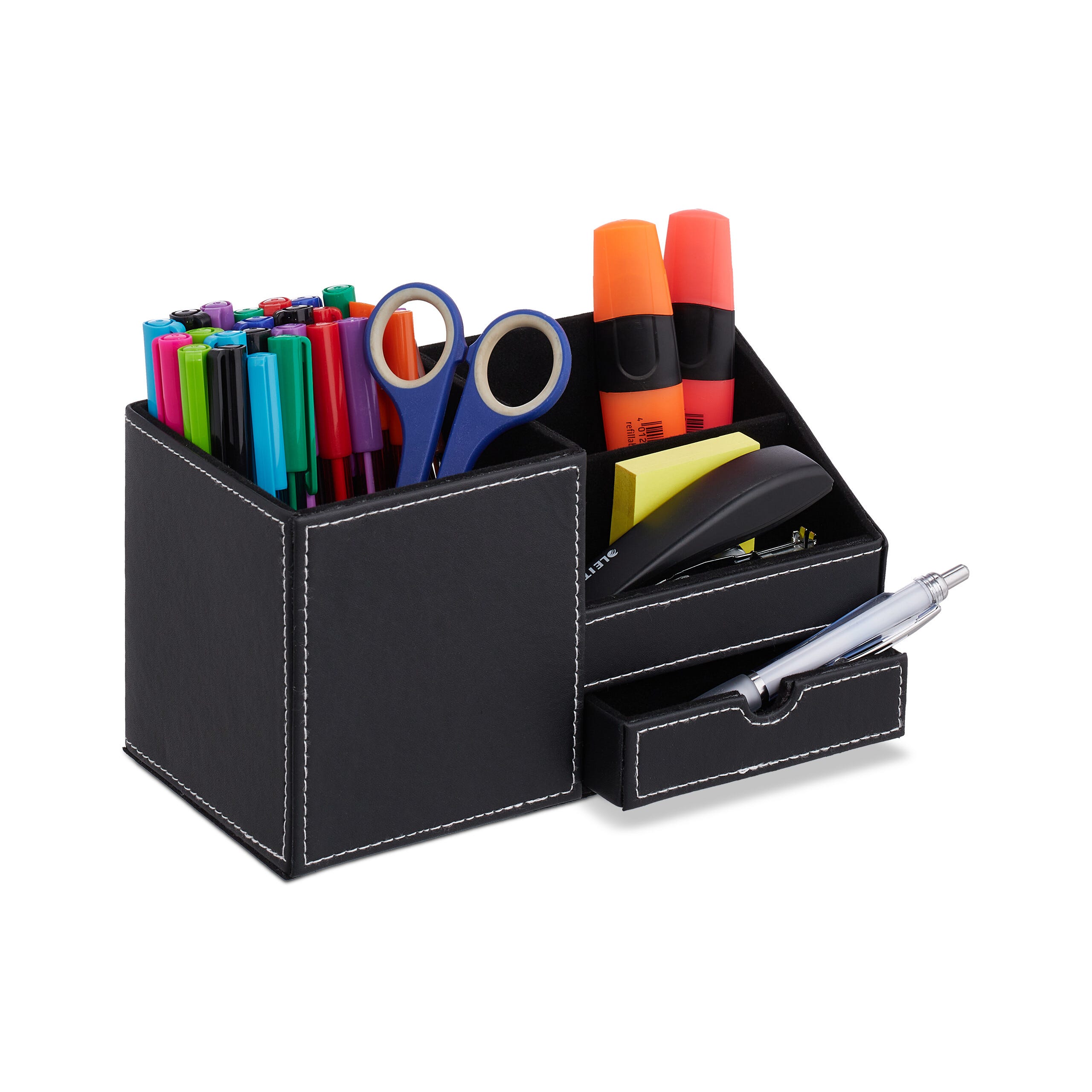 Relaxdays Organiseur pour bureau, 3 compartiments & tiroir, H x L x P :  12x22,5x11 cm, range-crayons, noir - blanc
