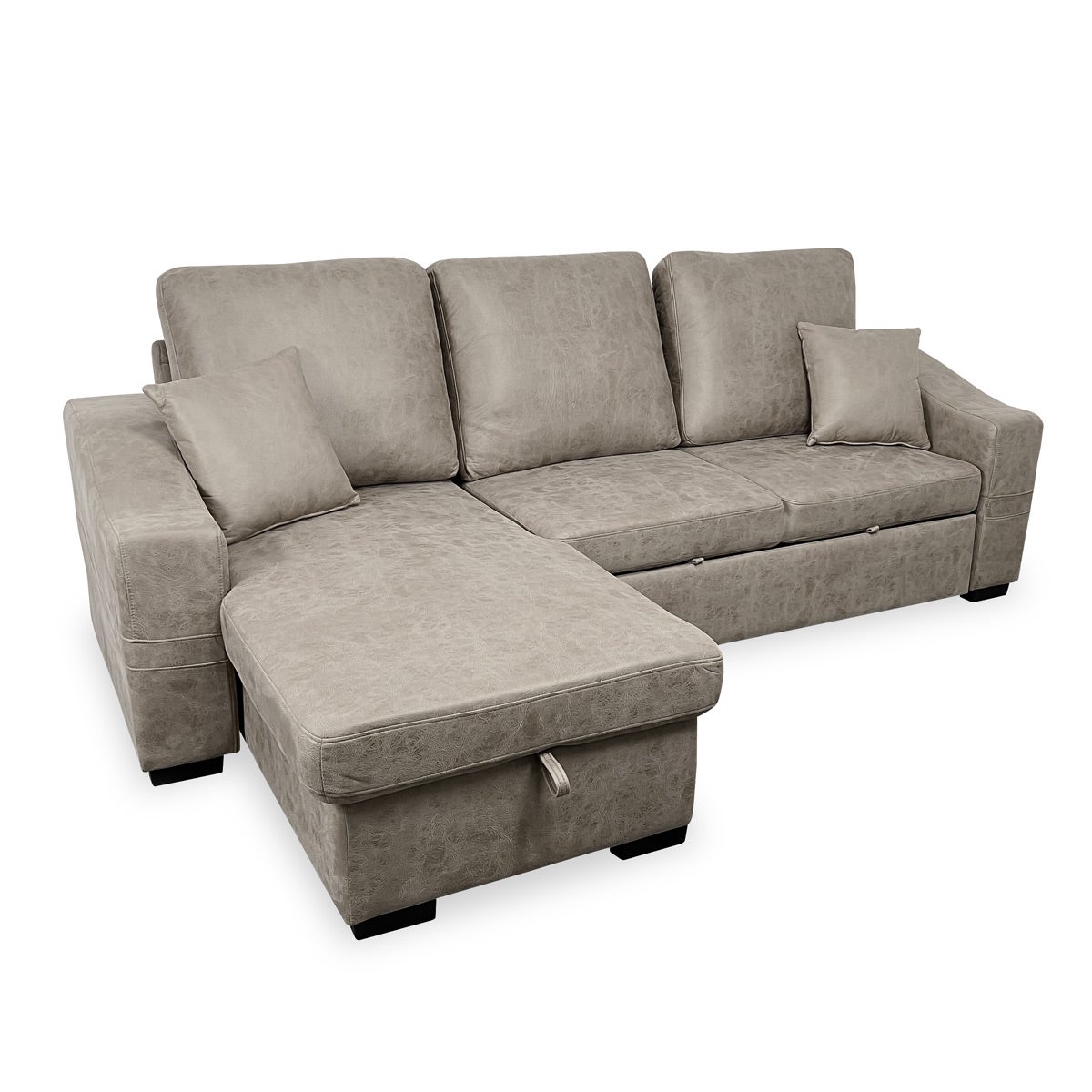 Sofá cama chaise longue con arcón de almacenaje modelo zurich, diseño moderno, con reposabrazos y cojines decorativos, gris cemento
