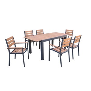Set complet tables de jardin extensible papillon 150/195cm anthracite + 6 fauteuils empilables. bois d'eucalyptus et