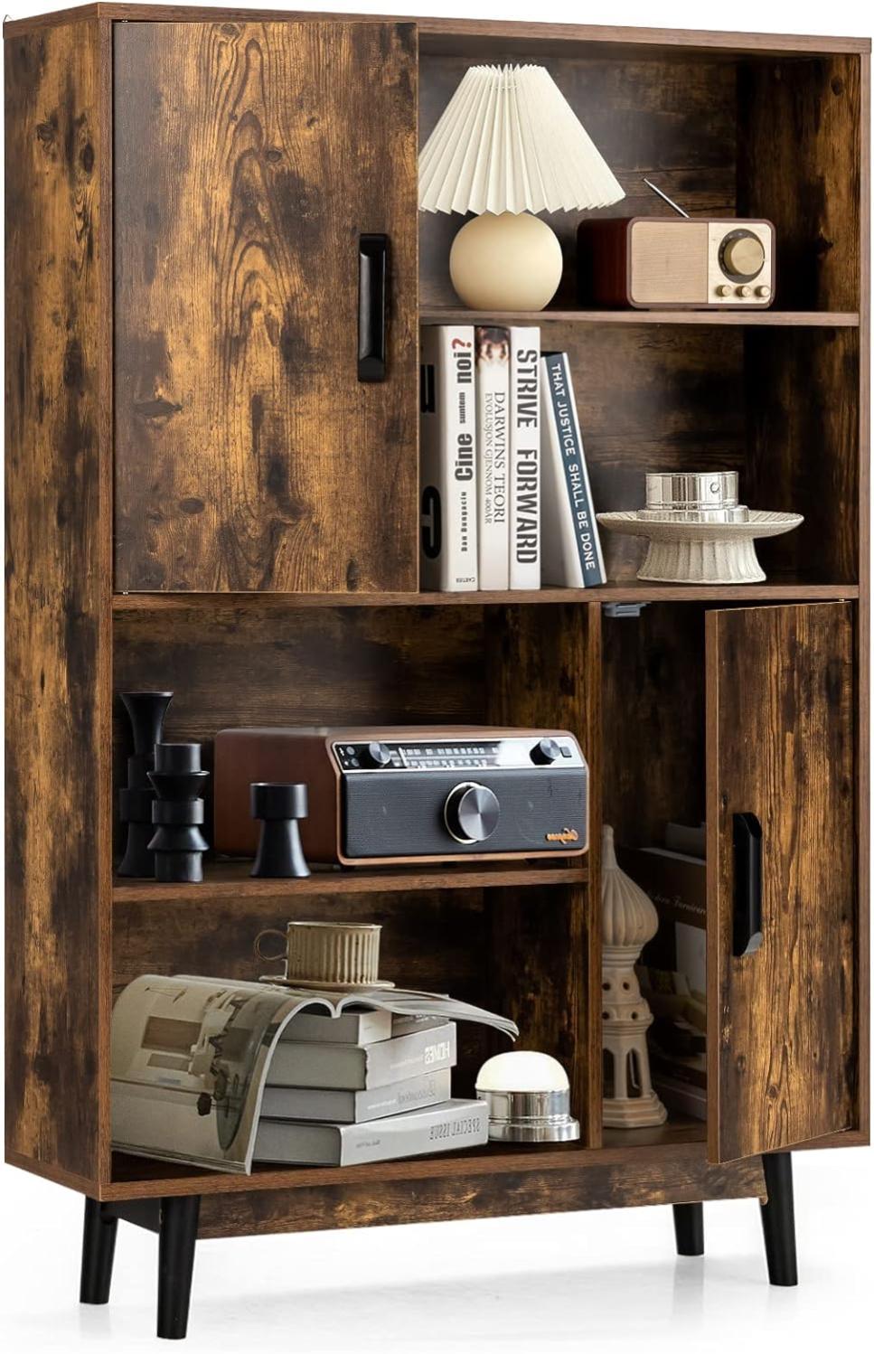 Étagère angle, etagère bibliotheque à 4 niveaux, placard inférieur