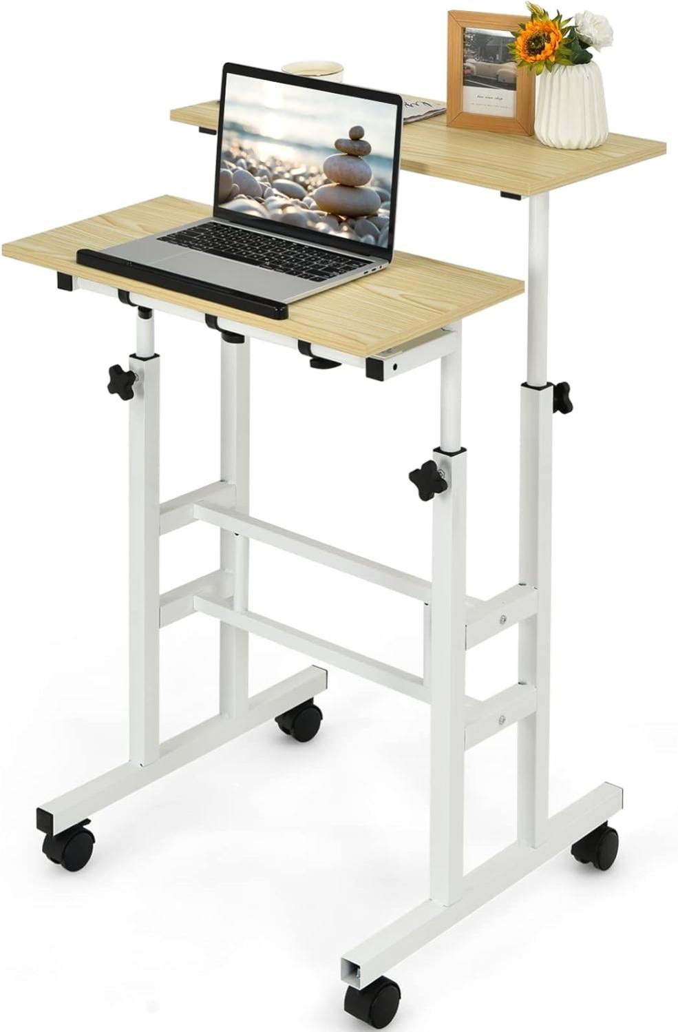 Pupitre Mobile Réglable En Hauteur Avec Plateau Inclinable – Bureau Debout/assis Pour Ordinateur Portable – Avec Roulettes Et Rangement - 7