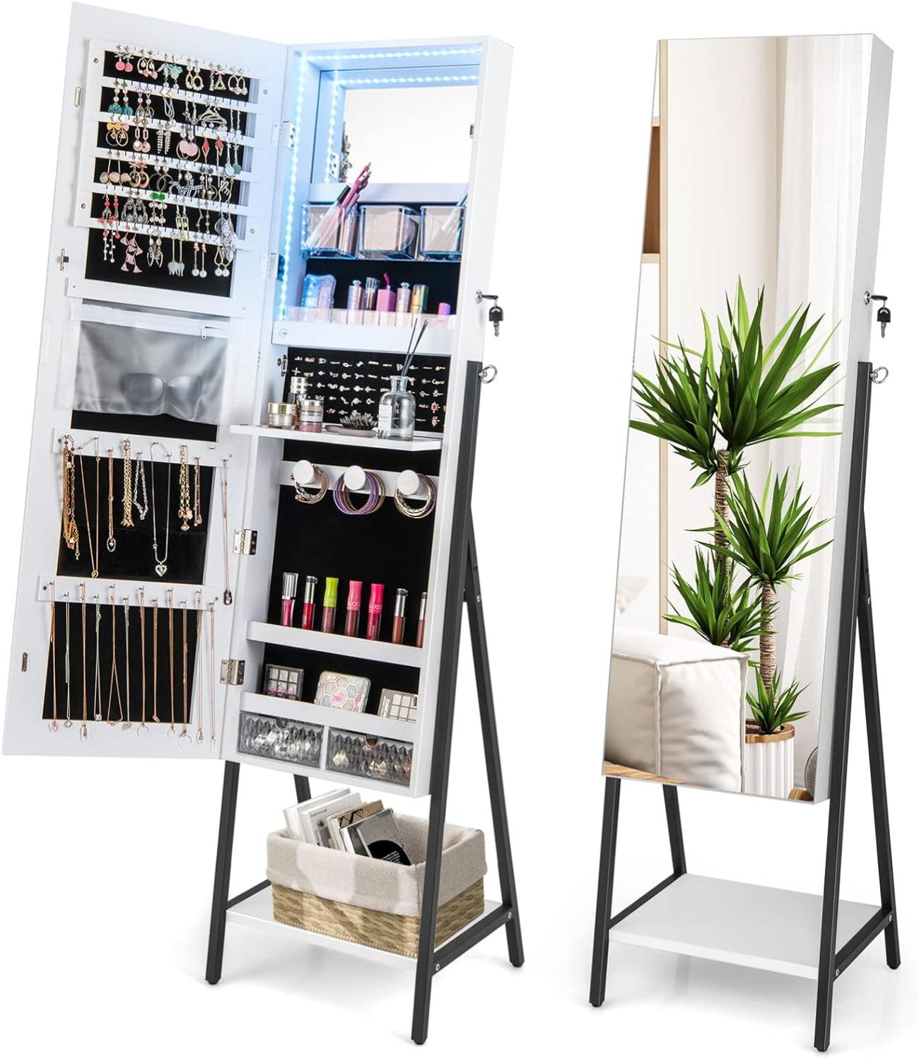 Armoire à Bijoux sur Pied avec Miroir sans Cadre,avec Serrure,Lumières