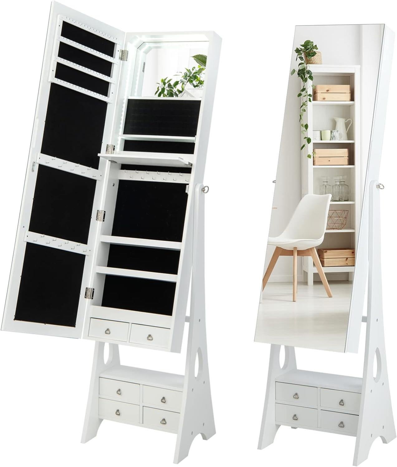 Armoire à Bijoux Autoportante,Miroir Pleine Longueur,Bande Lumineuse