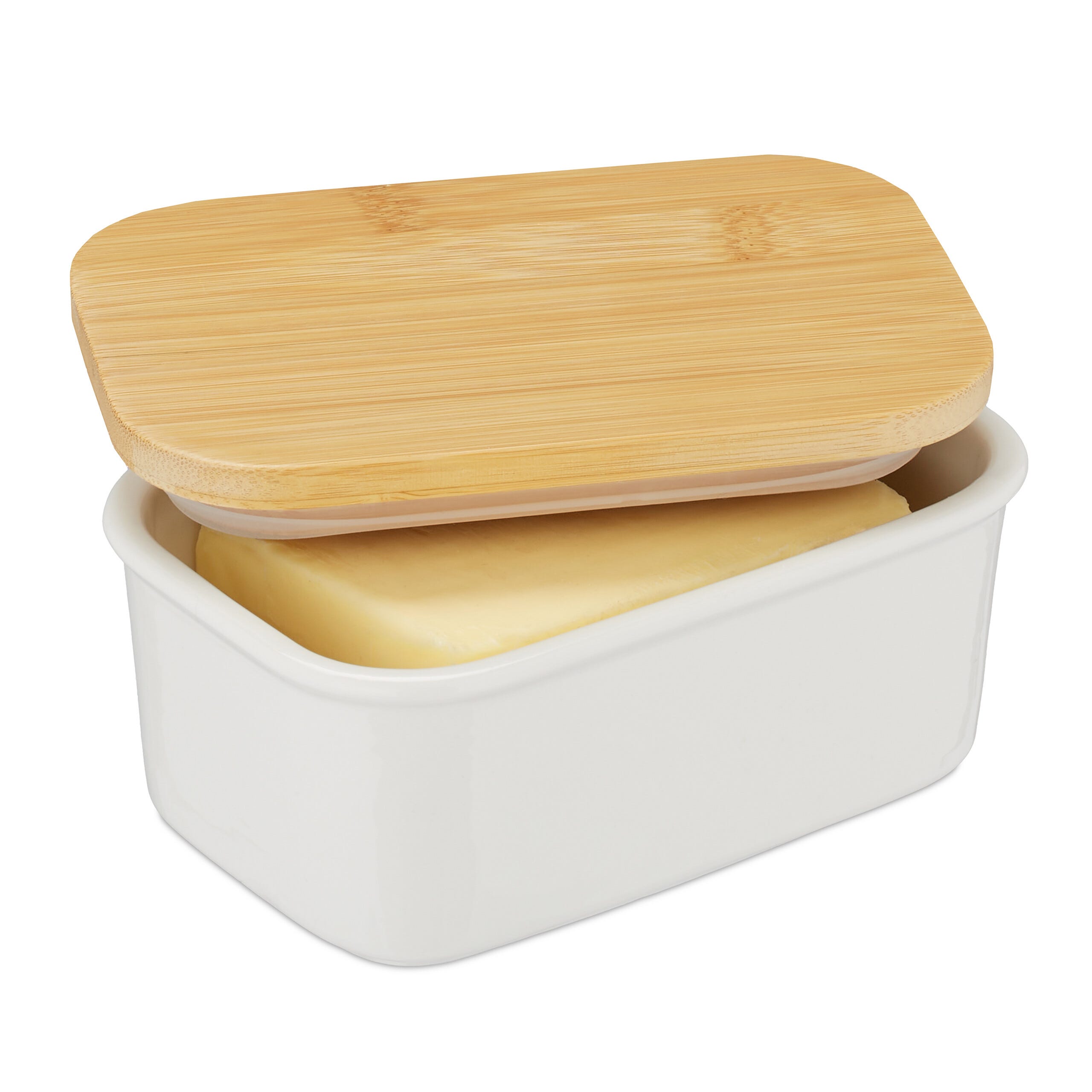 Relaxdays Boîte à beurre de 250 g, avec couvercle, céramique et bambou, HLP  : env. 7,5 x 16 x 10,5 cm, blanc et nature