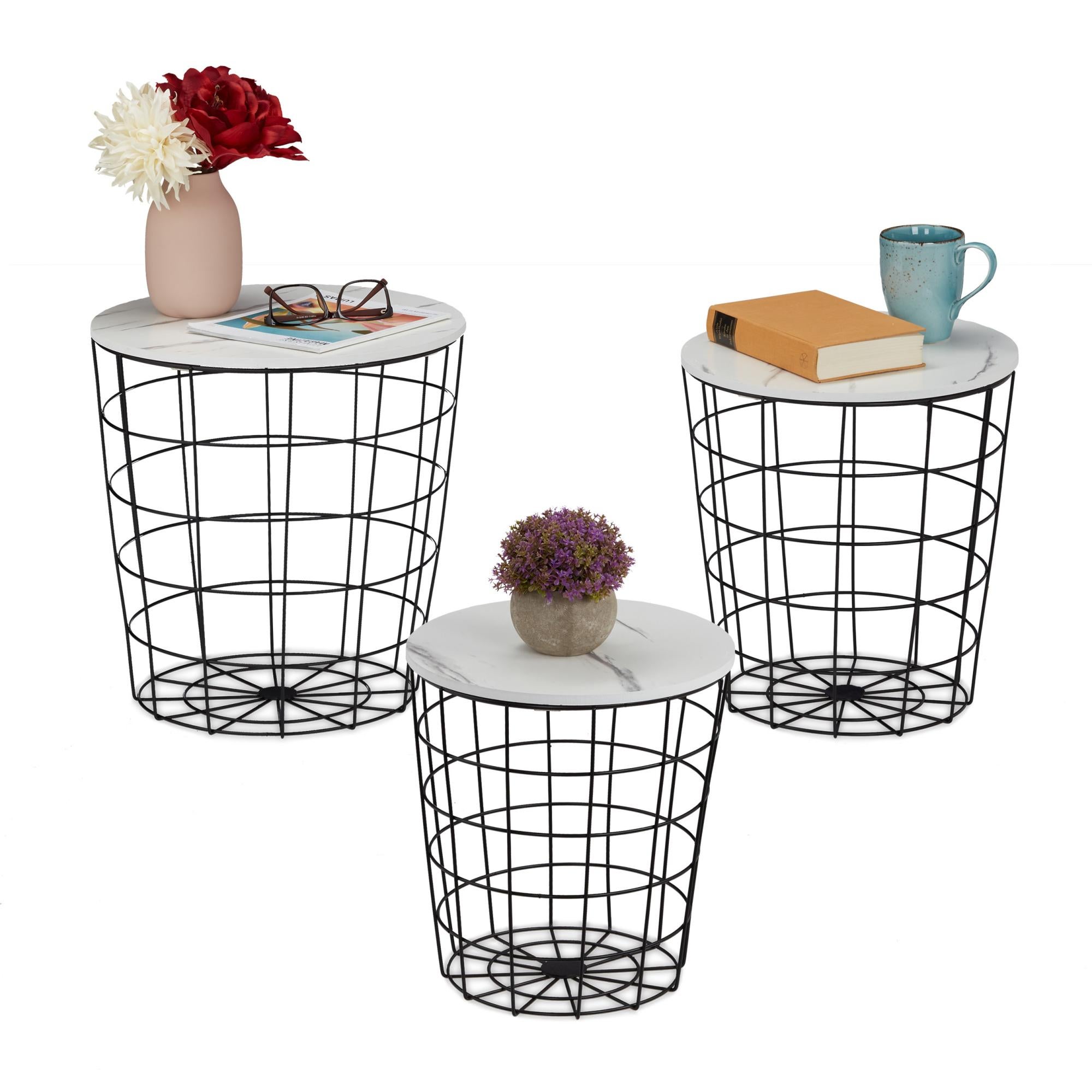 Set Di 3 Tavolini Da Salotto Rotondi Relaxdays, Cestino In Metallo Dorato, Piano Effetto Marmo Bianco