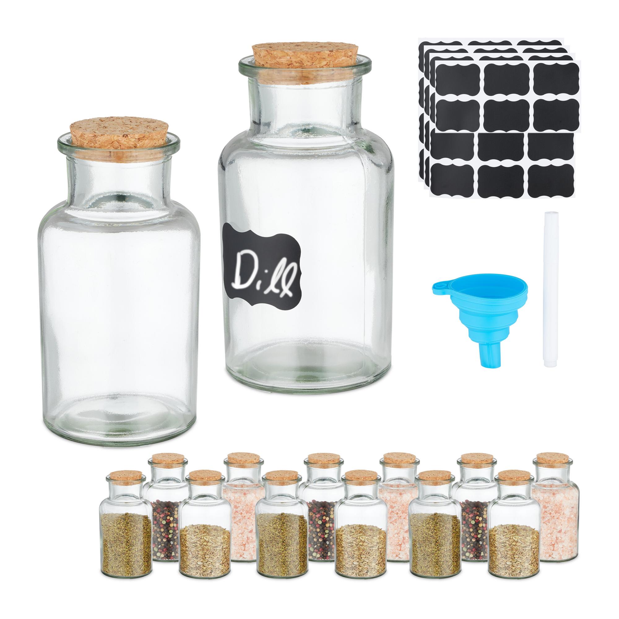 Set De 16 Pots à épices Relaxdays - Avec étiquettes, Marqueur, Entonnoir - Couvercle Bambou, Tamiseur Réglable - Transparent/noir - 3