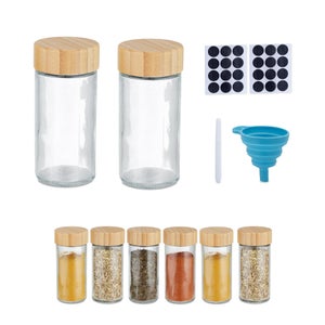 Set De 16 Pots à épices Relaxdays Avec étiquettes Et Entonnoir - Transparent Et Noir