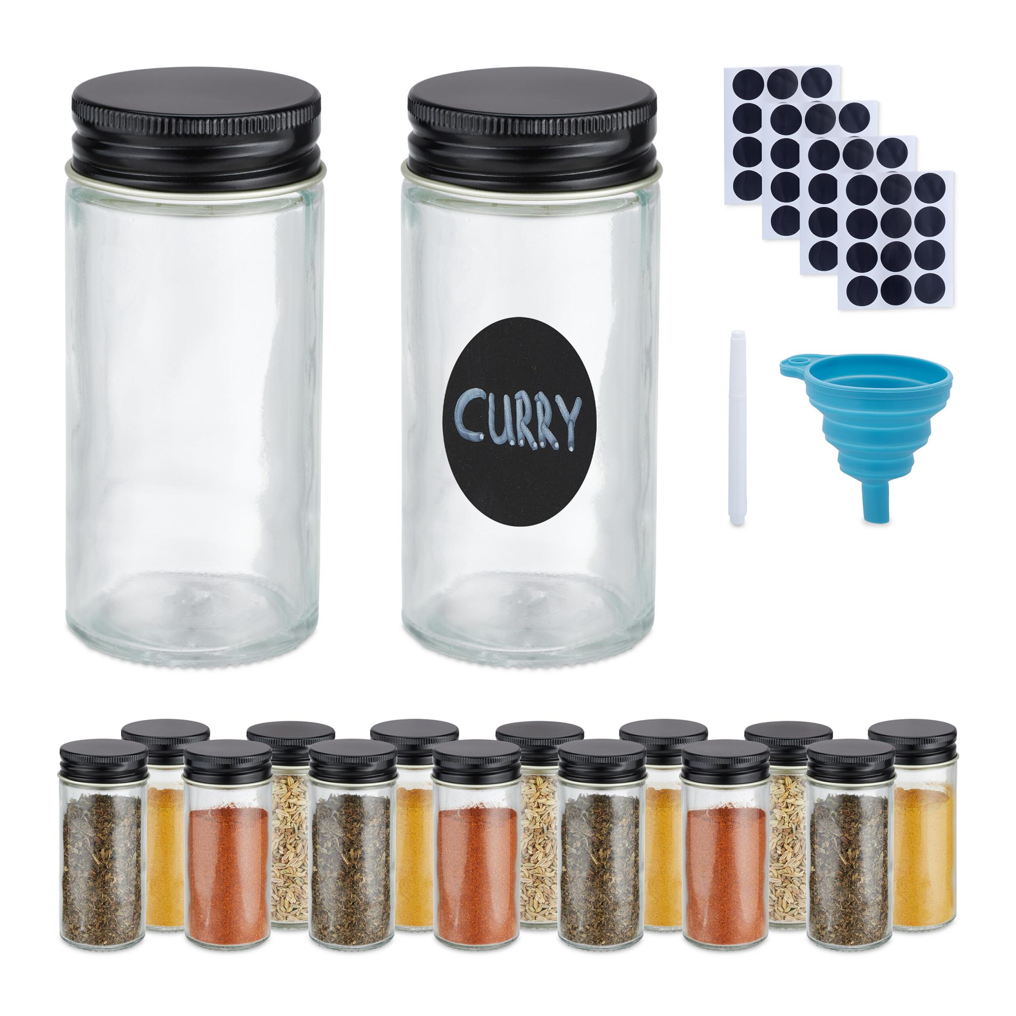 Set De 16 Pots à épices Relaxdays - Avec étiquettes, Marqueur, Entonnoir - Couvercle Bambou, Tamiseur Réglable - Transparent/noir - 13