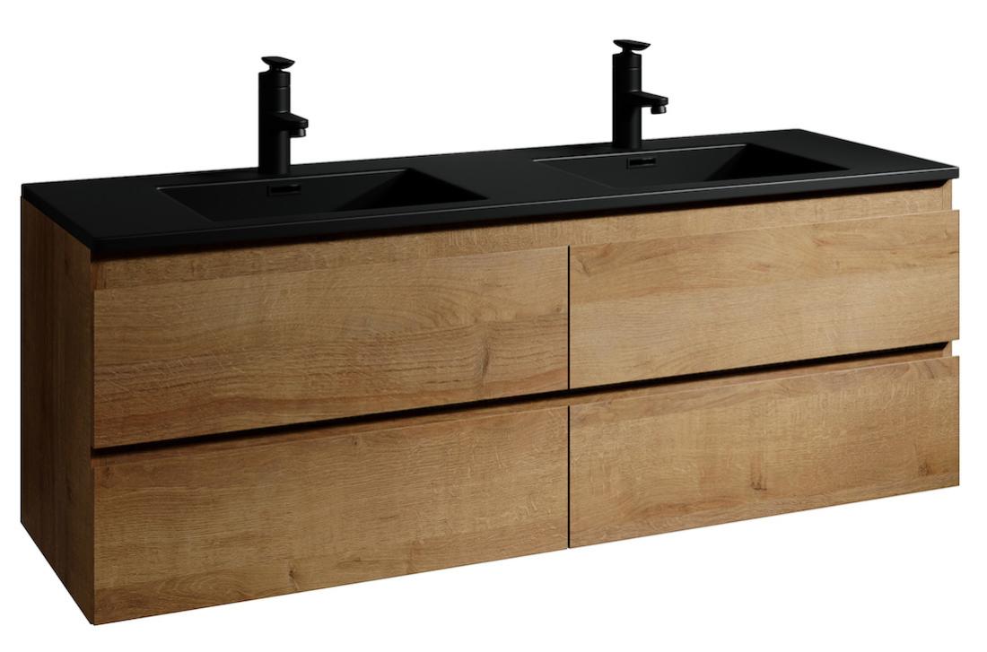 Meuble de salle de bain Angela 160 cm - lavabo noir - Chêne - Meuble
