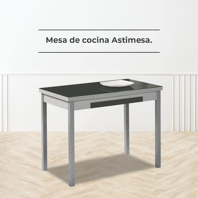 Mesa de cocina extensible 2 alas - 110x70 cm (170x70 cm) - Estructura y  alas color aluminio - Tapa cristal color grafito