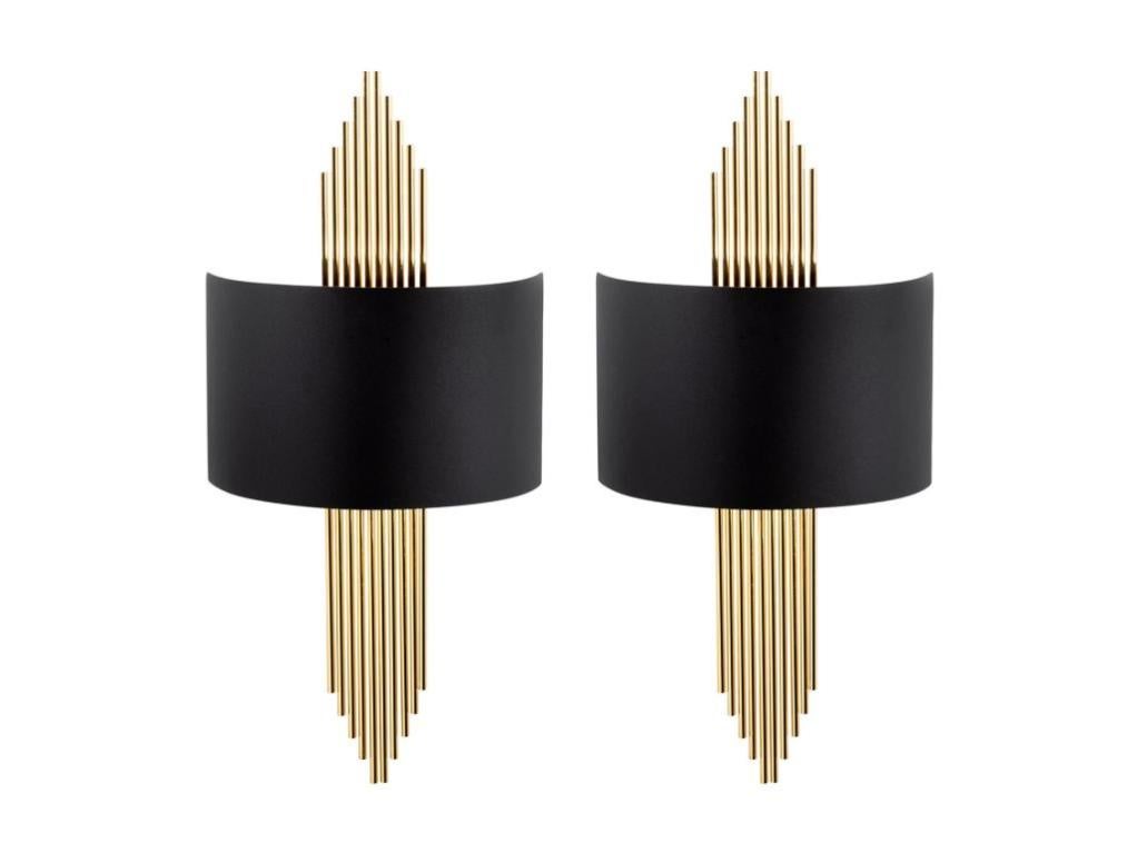 Lot de 2 appliques art déco en métal - L. 22 x H. 75 cm - Noir et doré