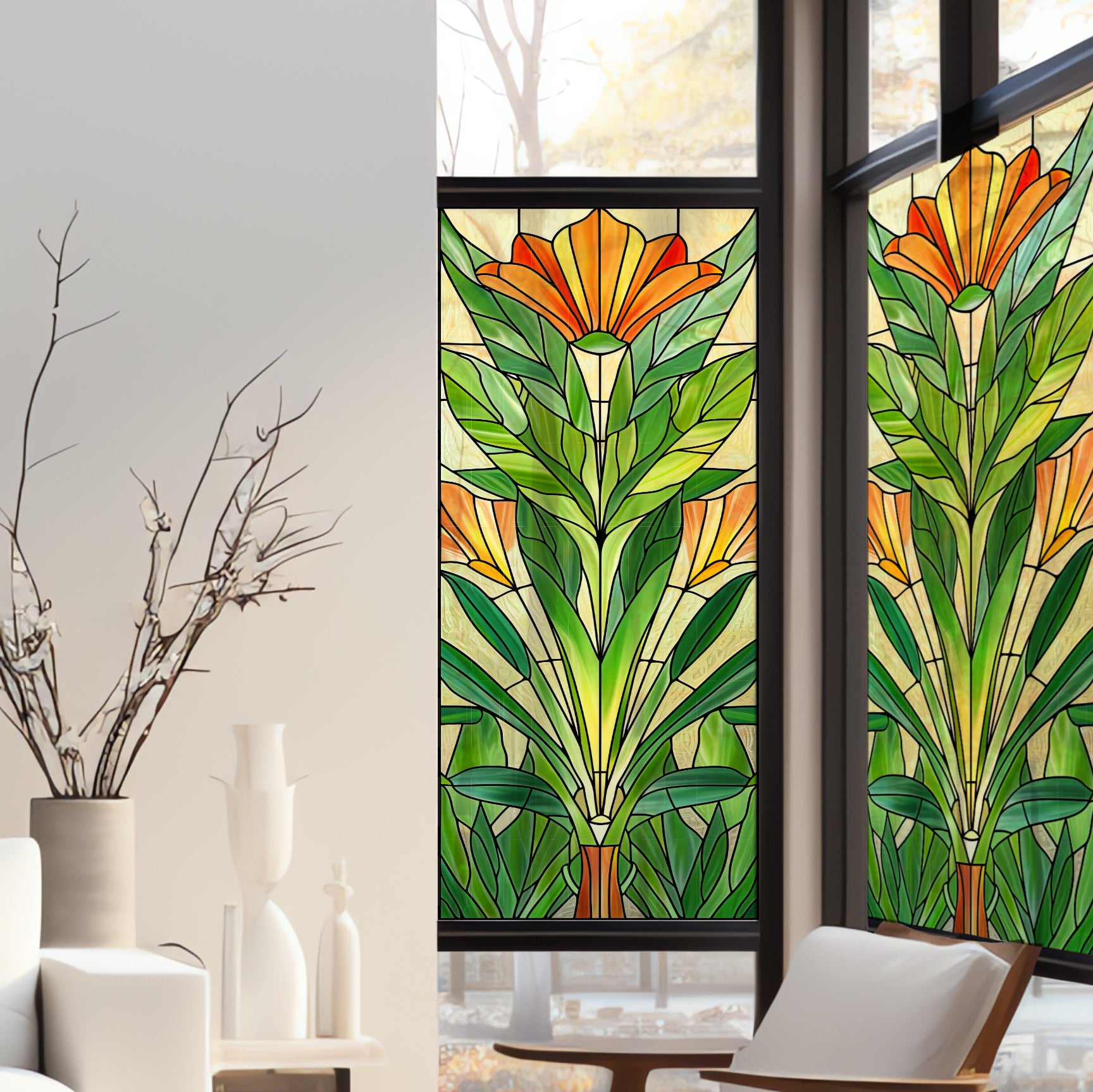 Adesivi decorativi elettrostatici, ibisco, arancione, verde, effetto in  vetro colorato, 150 cm x 67,5 cm