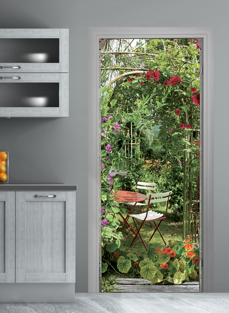 Porte sticker, trompe l'oeil la arche flori de capucine, hijarios rosados, jardín, 204 cm x 60 cm