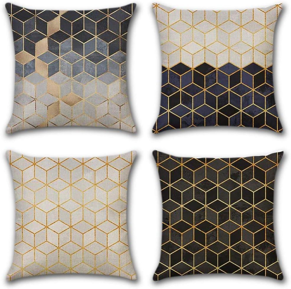 Housses De Coussin Géométrique OYIMUA 40x40cm - Lot De 4 - Lin Jaune Motif Moderne - Déco Salon/Chambre